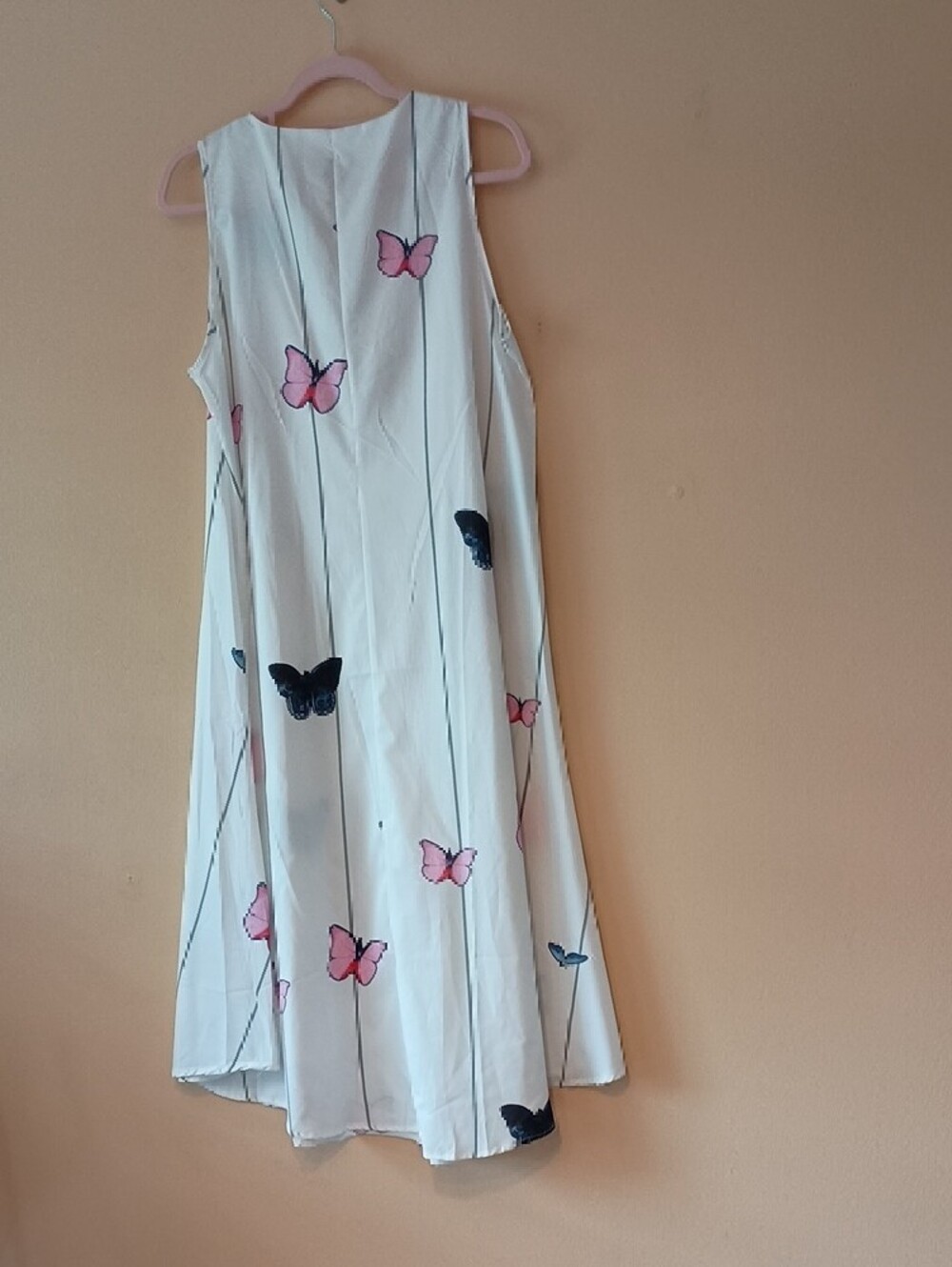 White Maxi Dress with Pink & Blue Butterfly Print, Sz L - Picture 4 of 4